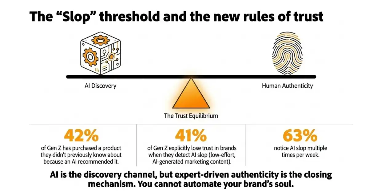 42% of Gen Z purchased because AI recommended. 41% lose trust when they detect AI slop. 63% notice AI slop weekly.