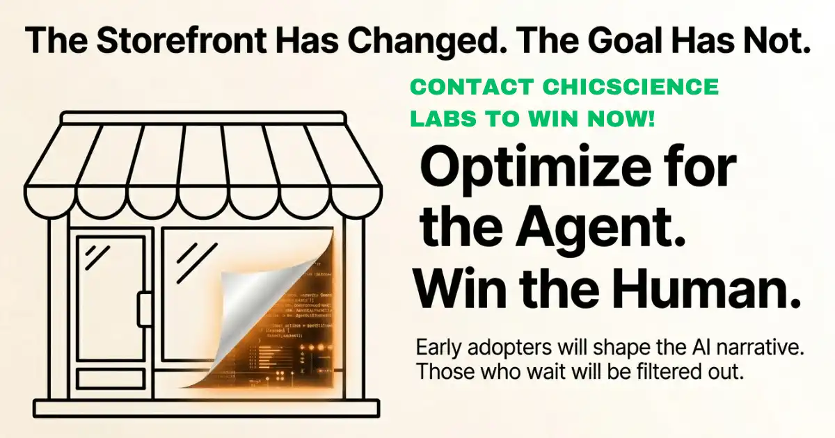 The storefront has changed. Contact ChicScience Labs. Optimize for the agent. Win the human.